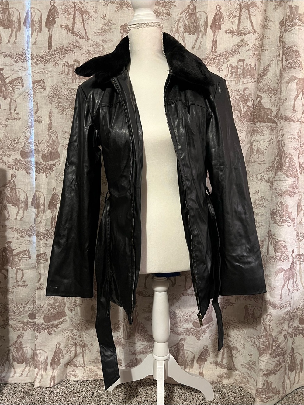 Lee Outerwear Jacket with Belt, Black Faux Leather with Faux Fur Collar